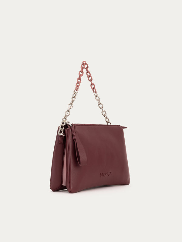 LEATHER BURGUNDY PIGALLE DOUBLE CHAIN HANDLE SHOULDER BAG 