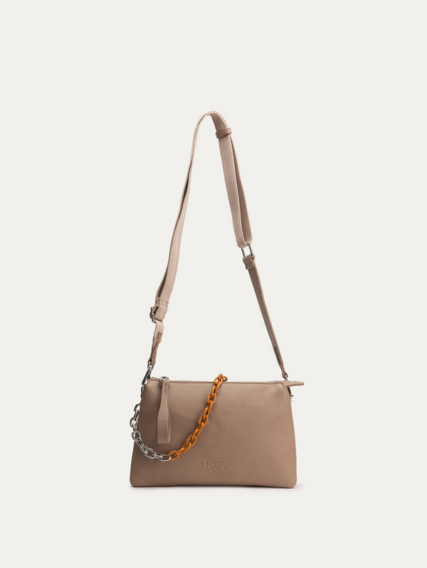 LEATHER TAUPE PIGALLE DOUBLE CHAIN HANDLE SHOULDER BAG 