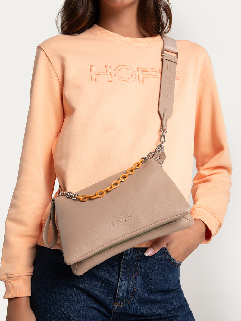 Leather Shoulder Bag Double Chain Handle Pigalle Taupe by HOFF